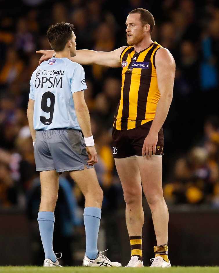 AFL 2017 Round 23 - Hawthorn v Western Bulldogs MELBOURNE, AUSTRALIA - AUGUST 25: Jarryd Roughead of the Hawks and Umpire Matt Stevic share a discussion during the 2017 AFL round 23 match between the Hawthorn Hawks and the Western Bulldogs at Etihad Stadium on August 25, 2017 in Melbourne, Australia. (Photo by Michael Willson/AFL Media)