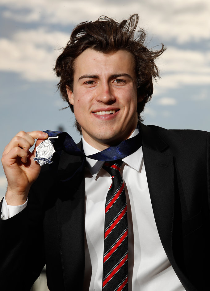 AFL 2017 Media - NAB AFL Rising Star Rising Star winner Andrew McGrath with the Ron Evans Medal - AFL,Rising Star,Andrew McGrath,Essendon Bombers