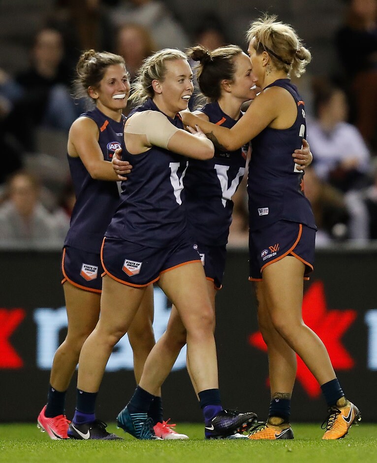 AFLW 2017 - State of Origin Lauren Arnell and Daisy Pearce celebrate a goal in Victoria's big AFLW win over the Allies - AFLW,State of Origin