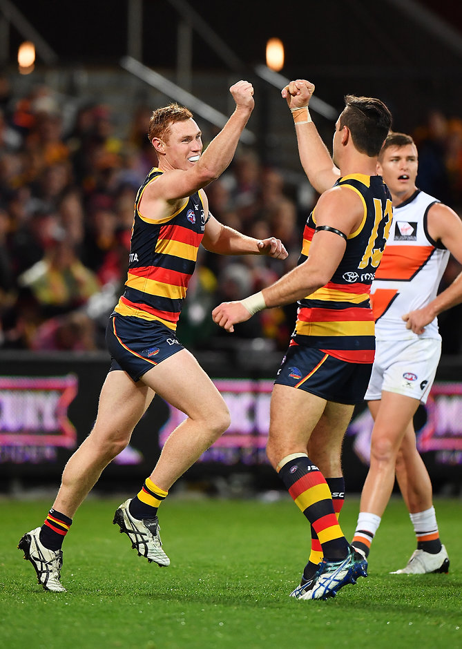 AFL 2017 First Qualifying Final - Adelaide v GWS Giants ADELAIDE, AUSTRALIA - SEPTEMBER 07: (L-R) Tom Lynch and Taylor Walker of the Crows celebrate after scoring a goal during the AFL First Qualifying Final match between the Adelaide Crows and the Greater Western Sydney Giants at Adelaide Oval on September 7, 2017 in Adelaide, Australia. (Photo by Daniel Kalisz/Getty Images/AFL Media)