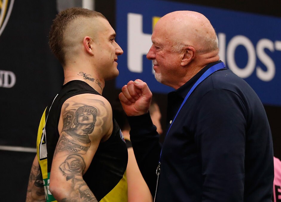 AFL 2017 Second Qualifying Final - Geelong v Richmond MELBOURNE, AUSTRALIA - SEPTEMBER 08: Dustin Martin of the Tigers and Rex Hunt celebrate during the 2017 AFL Second Qualifying Final match between the Geelong Cats and the Richmond Tigers at the Melbourne Cricket Ground on September 08, 2017 in Melbourne, Australia. (Photo by Michael Willson/AFL Media)