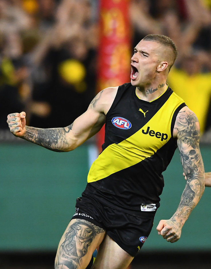 AFL 2017 Second Preliminary Final - Richmond v GWS Dustin Martin celebrates his vital goal early in the final quarter against GWS - Richmond Tigers,AFL,GWS Giants