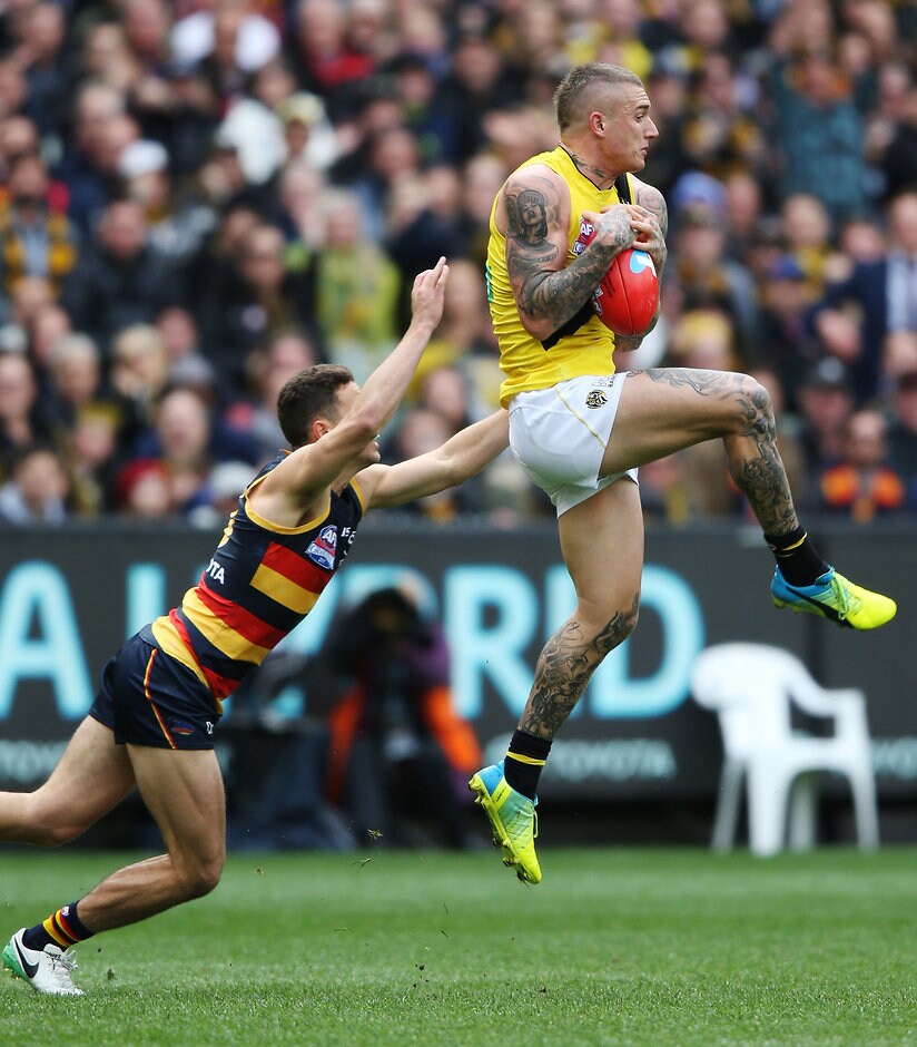 AFL 2017 Toyota AFL Grand Final - Adelaide v Richmond Dustin Martin marks in front of Luke Brown - AFL,Richmond,Dustin Martin,column