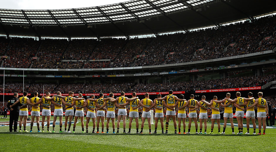 AFL 2017 Toyota AFL Grand Final - Adelaide v Richmond Richmond line up for the national anthem ahead of the 2017 AFL Grand Final - Richmond Tigers,Grand Final