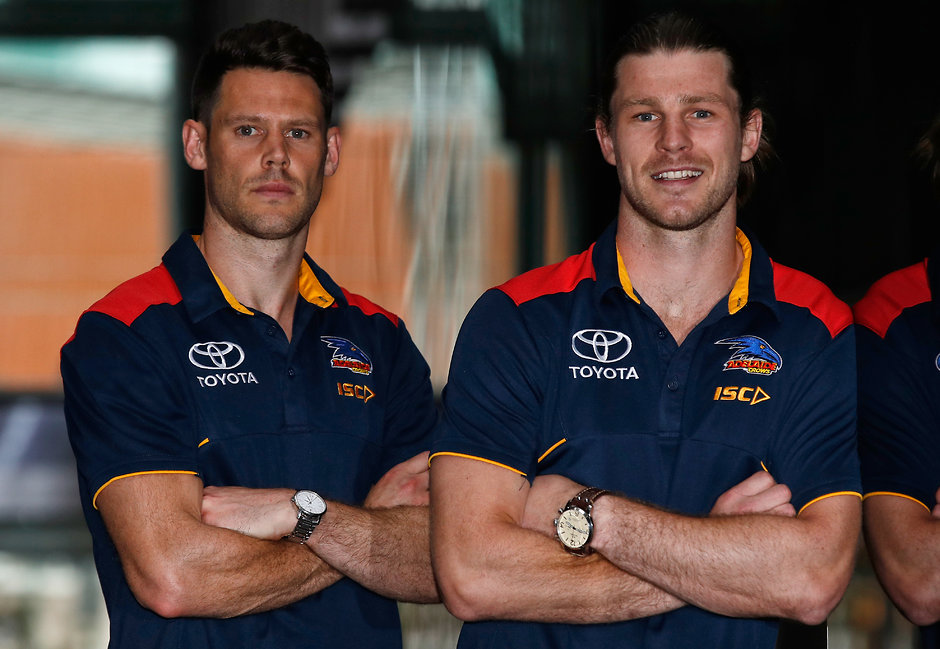 AFL 2017 Media - Adelaide Crows Press Conference 191017 MELBOURNE, AUSTRALIA - OCTOBER 19: New Crows recruits Bryce Gibbs and Sam Gibson (right) pose for a photograph during an Adelaide Crows press conference at the Nixon Hotel on October 19, 2017 in Melbourne, Australia. (Photo by Michael Willson/AFL Media)