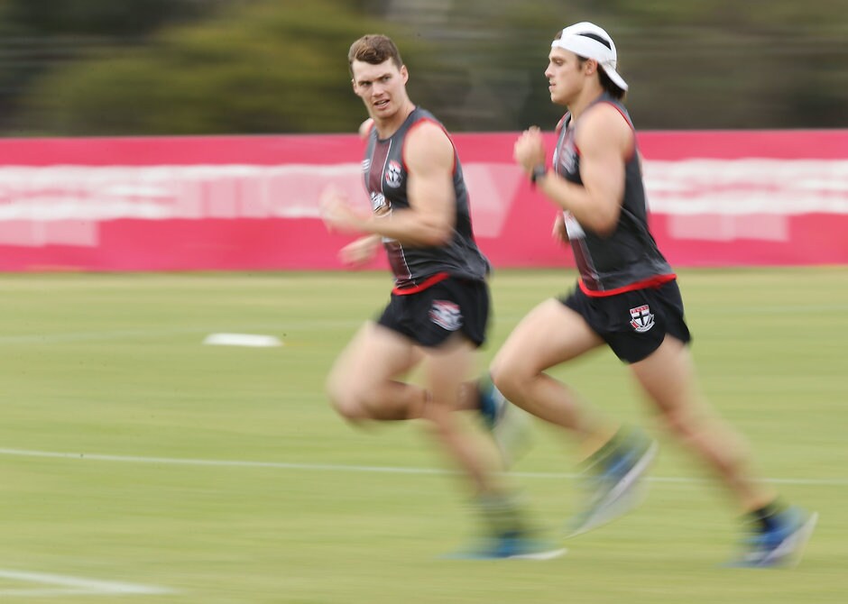 AFL 2017 Training - St Kilda 151117 MELBOURNE, AUSTRALIA - NOVEMBER 15: Jack Steele and Blake Acres of the Saints in action during the St Kilda Saints open training session at the Linen House Centre on November 15, 2017 in Melbourne, Australia. (Photo by Michael Dodge/AFL Media)