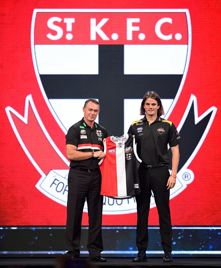 AFL 2017 Media - NAB AFL Draft SYDNEY, AUSTRALIA - NOVEMBER 24: Alan Richardson, Senior Coach of the Saints poses for a photo with Hunter Clark during the 2017 NAB AFL Draft at Sydney Showground on 24 November, 2017 in Sydney, Australia. (Photo by Brett Hemmings/AFL Media) (Editors note: This image is free for editorial use only)