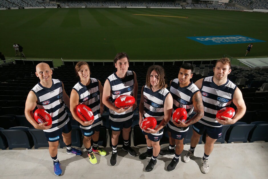 AFL 2017 Media - Geelong Cats Media Session Tim Kelly, second from right, with Geelong's other draftees - and veterans Gary Ablett and Stewart Crameri - AFL,Geelong Cats,Tim Kelly,Steven Motlop
