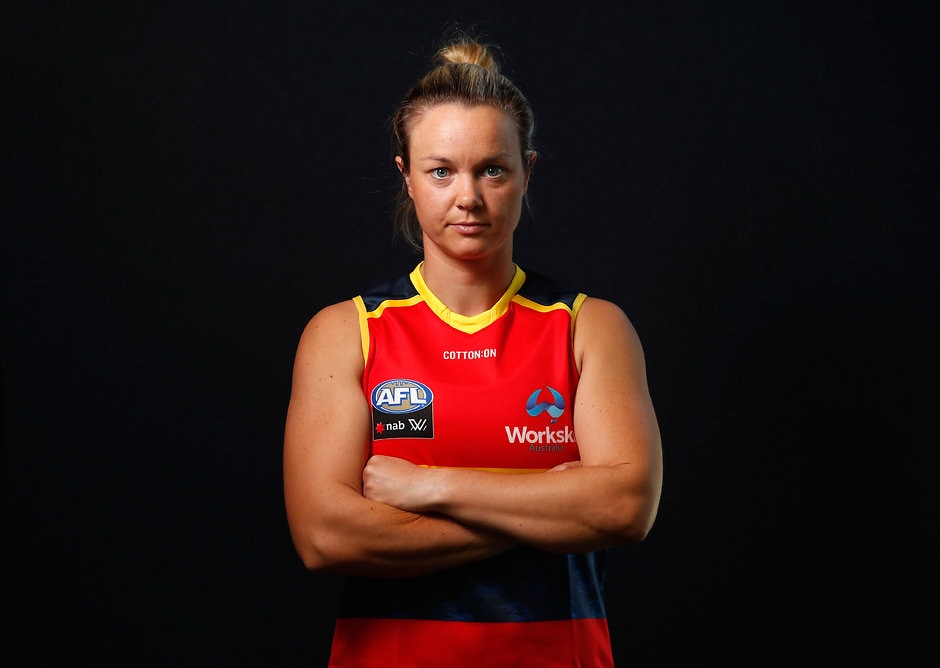 AFLW 2018 Portraits - Adelaide Crows ADELAIDE, AUSTRALIA - DECEMBER 8: Courtney Cramey of the Crows poses for a portrait during the Adelaide Crows Womens team photo day at AAMI Stadium on December 8, 2017 in Adelaide, Australia. (Photo by Adam Trafford/AFL Media)