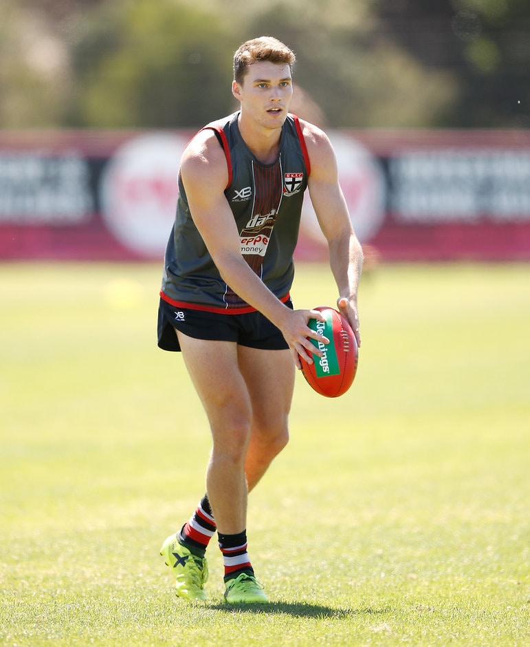 AFL 2017 Training - St Kilda 151217 Blake Acres has been working on hitting the dangerous kicks and opening the game up - AFL,St Kilda Saints,Blake Acres