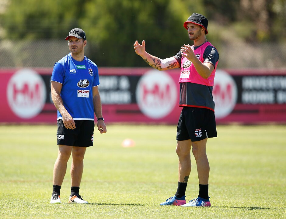 AFL 2017 Training - St Kilda 151217 MELBOURNE, AUSTRALIA - DECEMBER 15: Koby Stevens of the Saints chats to Ben McGlynn, Assistant Coach of the Saints during the St Kilda Saints open training session at Linen House Centre on December 15, 2017 in Melbourne, Australia. (Photo by Adam Trafford/AFL Media)