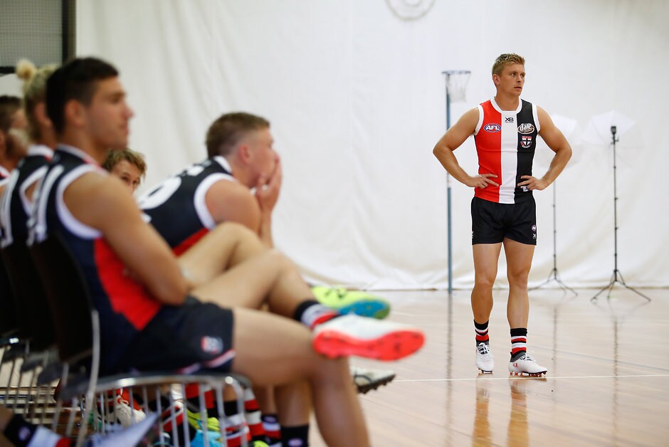 AFL 2018 Media - St Kilda Team Photo Day MELBOURNE, AUSTRALIA - FEBRUARY 2: Sebastian Ross of the Saints looks on during the St Kilda Saints team photo day at Linen House Centre on February 2, 2018 in Melbourne, Australia. (Photo by Adam Trafford/AFL Media)