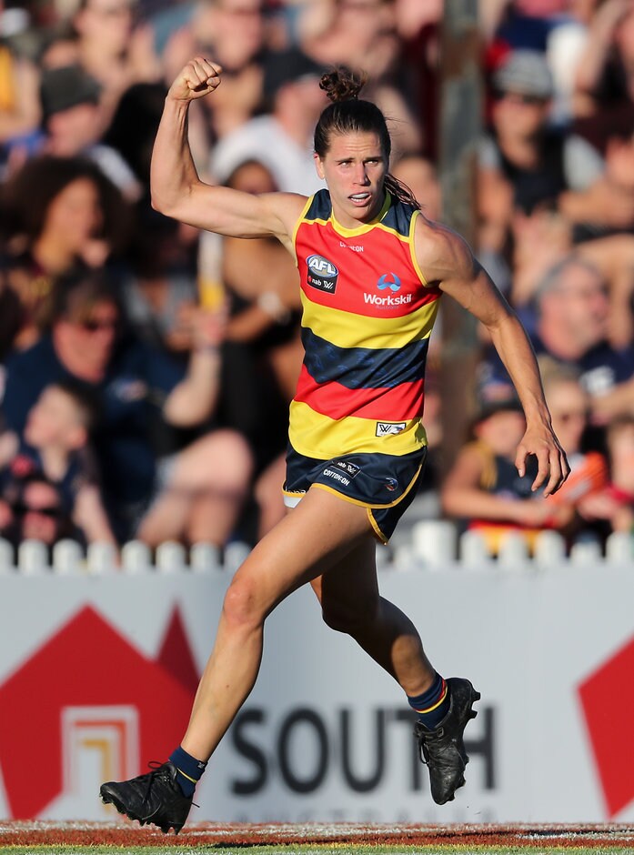 AFLW 2018 Rd 01 - Adelaide v Brisbane ADELAIDE, AUSTRALIA - FEBRUARY 3: Chelsea Randall of the Crows celebrates a goal during the 2018 AFLW Round 01 match between the Adelaide Crows and the Brisbane Lions at Norwood Oval on February 3, 2018 in Adelaide, Australia. (Photo by AFL Media)