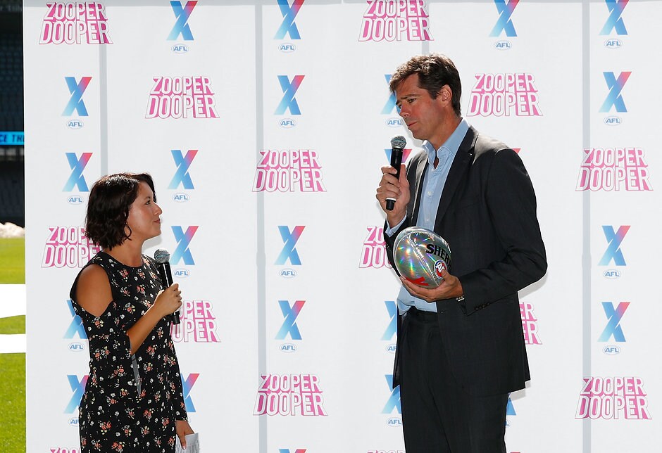 AFL 2018 Media - AFLX Tournaments Launch MELBOURNE, AUSTRALIA - FEBRUARY 6: AFL CEO Gillon McLachlan speaks during the AFLX Tournaments Launch at Etihad Stadium in Melbourne, Australia. (Photo by Scott Barbour/AFL Media)