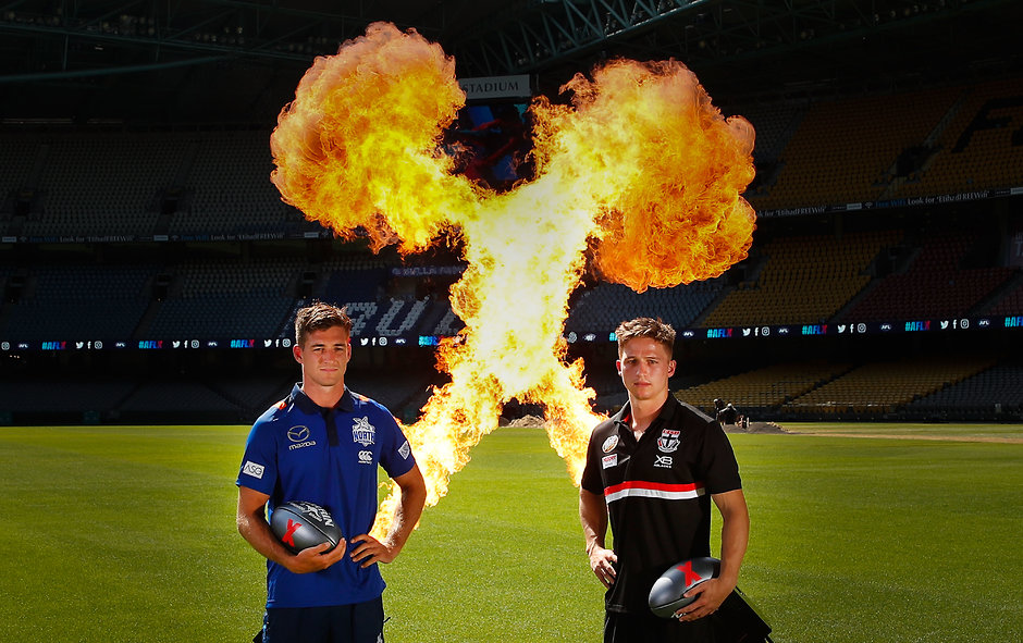 AFL 2018 Media - AFLX Tournaments Launch MELBOURNE, AUSTRALIA - FEBRUARY 6: North Melbourne player Shaun Atley and St Kilda player Jack Billings pose during the AFLX Tournaments Launch at Etihad Stadium in Melbourne, Australia. (Photo by Scott Barbour/AFL Media)