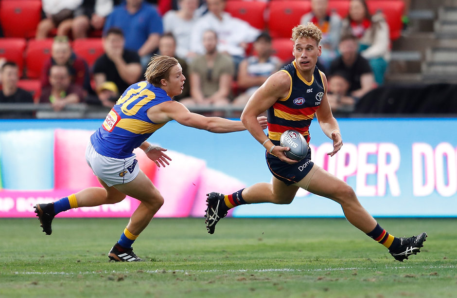 AFLX 2018 - Adelaide Tournament ADELAIDE, AUSTRALIA - FEBRUARY 15: Jackson Nelson of the Eagles and Harry Dear of the Crows in action during the AFLX match between the Adelaide Crows and the West Coast Eagles at Hindmarsh Stadium on February 15, 2018 in Adelaide, Australia. (Photo by Michael Willson/AFL Media)