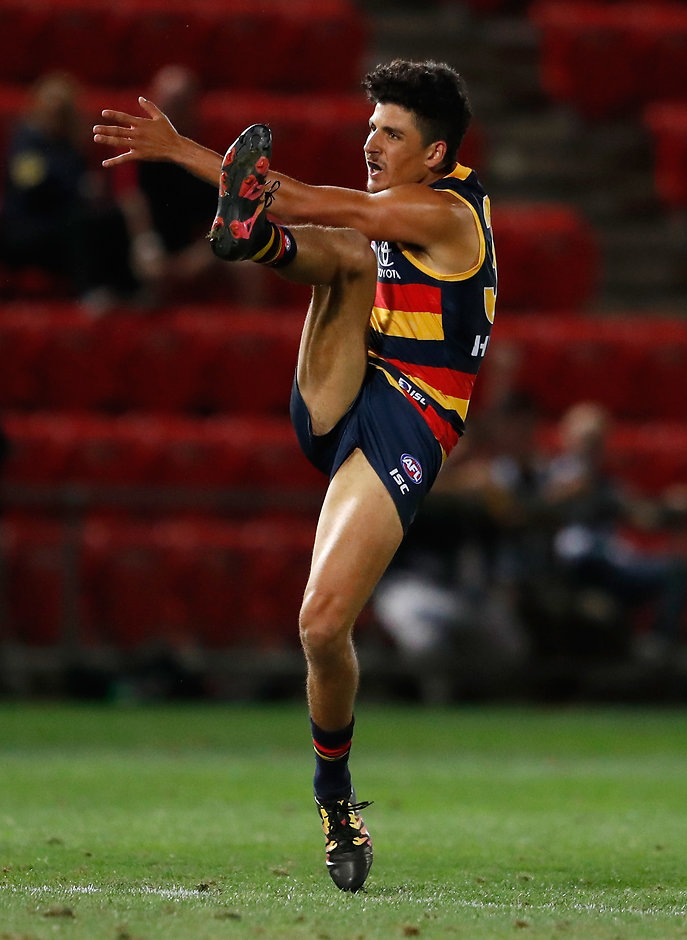 AFLX 2018 - Adelaide Tournament ADELAIDE, AUSTRALIA - FEBRUARY 15: Matthew Signorello of the Crows kicks the ball during the AFLX grand final match between the Adelaide Crows and the Geelong Cats at Hindmarsh Stadium on February 15, 2018 in Adelaide, Australia. (Photo by Michael Willson/AFL Media)