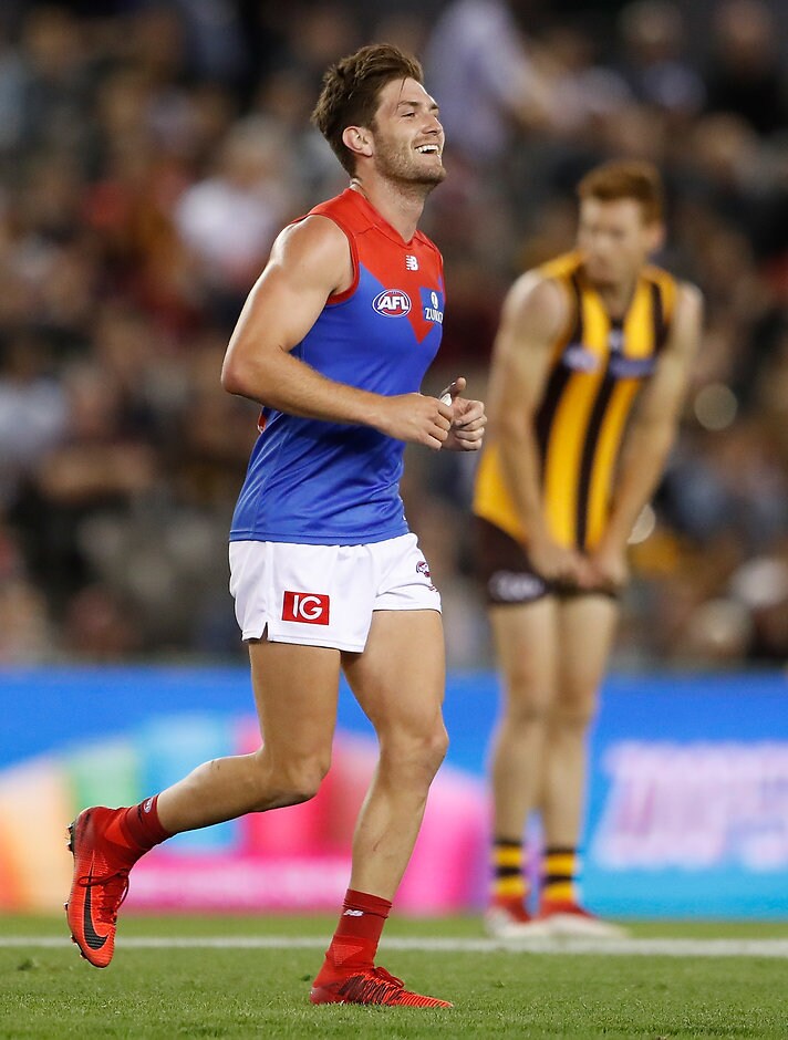 AFLX 2018 - Melbourne Tournament Demon Tom Bugg celebrates as the final siren sounds - AFL,AFLX,Carlton Blues,Melbourne Demons,Hawthorn Hawks,Essendon Bombers,North Melbourne Kangaroos,St Kilda Saints