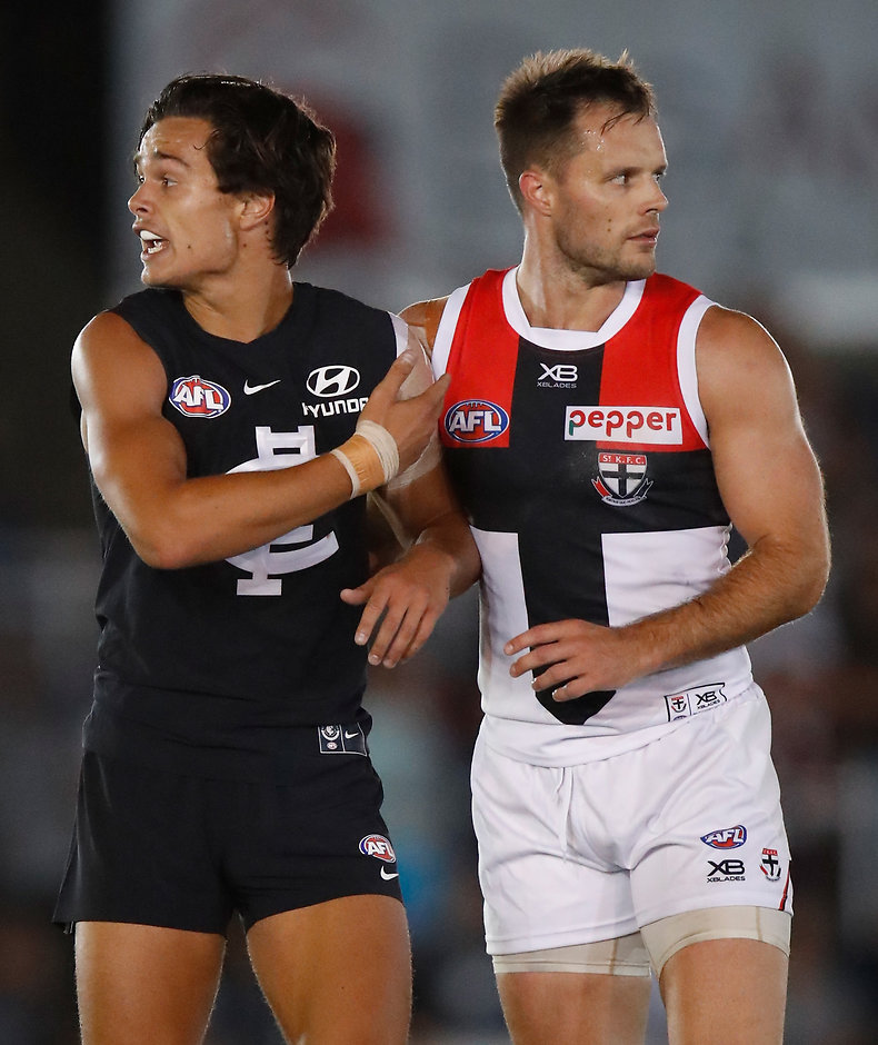 AFL 2018 JLT Community Series - Carlton v St Kilda MELBOURNE, AUSTRALIA - FEBRUARY 28: Jack Silvagni of the Blues and Nathan Brown of the Saints lookson during the AFL 2018 JLT Community Series match between the Carlton Blues and the St Kilda Saints at Ikon Park on February 28, 2018 in Melbourne, Australia. (Photo by Michael Willson/AFL Media)