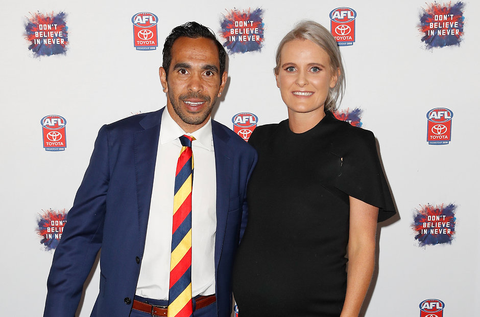 MELBOURNE, AUSTRALIA - MARCH 14: Eddie Betts of the Crows and Anna Scullie attend during the 2018 Toyota AFL Premiership Season Launch at Forum Melbourne on March 14, 2018 in Melbourne, Australia. (Photo by Scott Barbour/AFL Media)