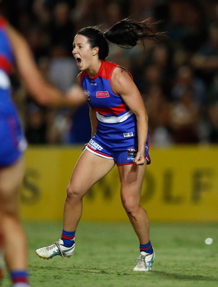 AFLW 2018 Rd 07 - Western Bulldogs v Melbourne Brooke Lochland celebrates her match-winner - AFLW,Western Bulldogs,Melbourne Demons