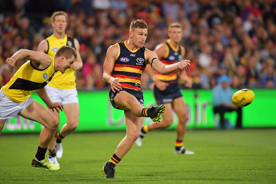AFL 2018 Round 02 - Adelaide v Richmond Prolific Crow Rory Laird has picked up from where he left off last season - AFL,Adelaide Crows,Brisbane Lions,Carlton Blues,Collingwood Magpies,Essendon Bombers,Fremantle Dockers,Geelong Cats,Gold Coast Suns,GWS Giants,Hawthorn Hawks,Melbourne Demons,North Melbourne Kangaroos,Port Adelaide Power,Richmond Tigers,St Kilda Saints,Sydney Swans,West Coast Eagles,Western Bulldogs