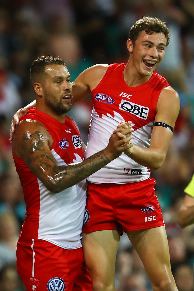 AFL 2018 Round 02 - Sydney v Port Adelaide Will Hayward celebrates a goal with Lance Franklin - AFL,Contracts,Sydney Swans,Will Hayward