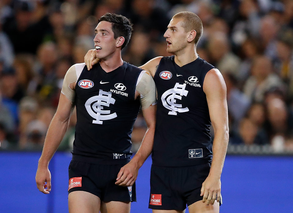 AFL 2018 Round 03 - Carlton v Collingwood Jacob Weitering and Liam Jones have found it tough going in 2018 - AFL,Adelaide Crows,Brisbane Lions,Carlton Blues,Collingwood Magpies,Essendon Bombers,Fremantle Dockers,Geelong Cats,Gold Coast Suns,GWS Giants,Hawthorn Hawks,Melbourne Demons,North Melbourne Kangaroos,Port Adelaide Power,Richmond Tigers,St Kilda Saints,Sydney Swans,West Coast Eagles,Western Bulldogs