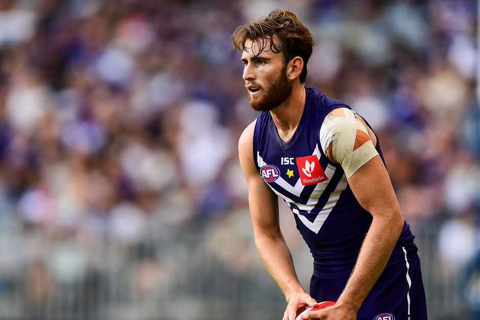 AFL 2018 Round 03 - Gold Coast v Fremantle Connor Blakely has injured his right knee. - Fremantle,Fremantle Dockers,Connor Blakely