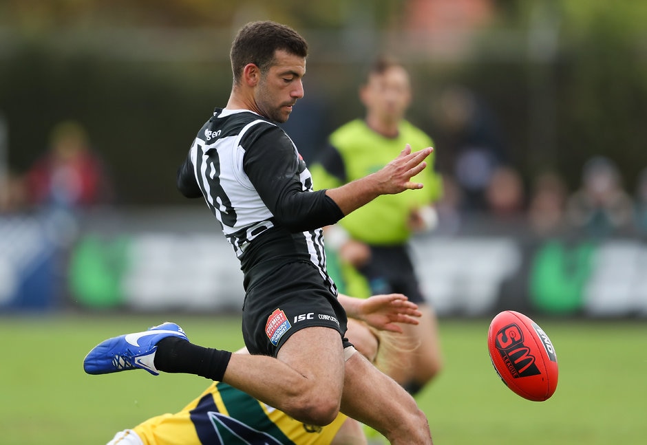 SANFL 2018 Round 03 - Port Adelaide v Eagles ADELAIDE, AUSTRALIA - April 14: Jimmy Toumpas of the Magpies during the 2018 SANFL round 03 match between the Port Adelaide Magpies and the Eagles at Alberton Oval on April 14, 2018 in Adelaide, Australia. (Photo by AFL Media)