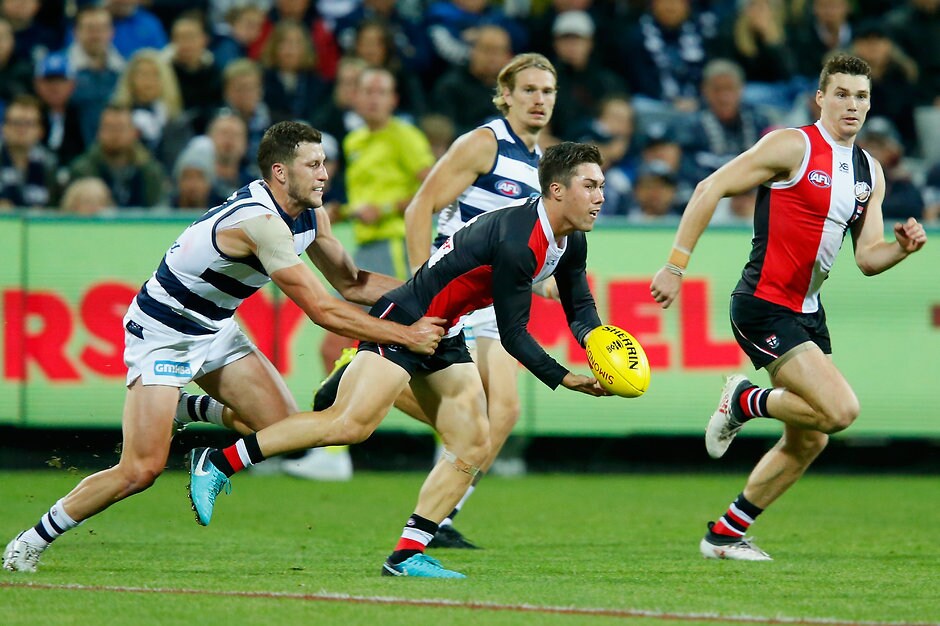 AFL 2018 Round 04 - Geelong v St Kilda GEELONG, AUSTRALIA - APRIL 15: Jade Gresham of the Saints handballs during the round four AFL match between the Geelong Cats and the St Kilda Saints at GMHBA Stadium on April 15, 2018 in Geelong, Australia. (Photo by Darrian Traynor/Getty Images/AFL Media)