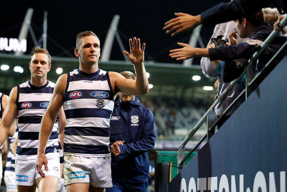 AFL 2018 Round 04 - Geelong v St Kilda Joel Selwood lead the Cats out for a record 143rd time today, breaking Reg Hickey's record. - Geelong Cats