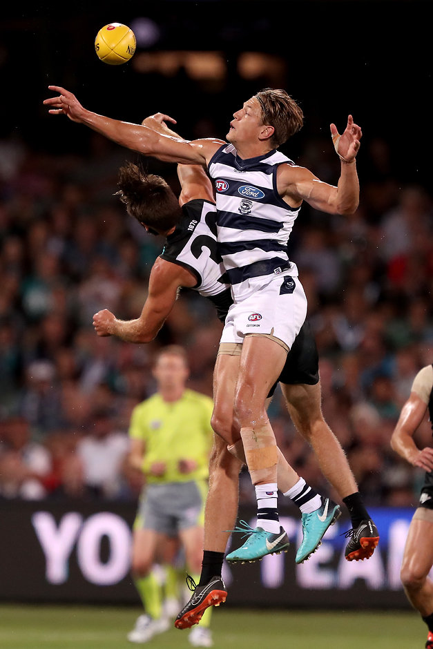 AFL 2018 Round 05 - Port Adelaide v Geelong Geelong's Rhys Stanley and Port Adelaide's Justin Westhoff compete for the ball - AFL,Port Adelaide Power,Geelong Cats,Ken Hinkley,Chris Scott