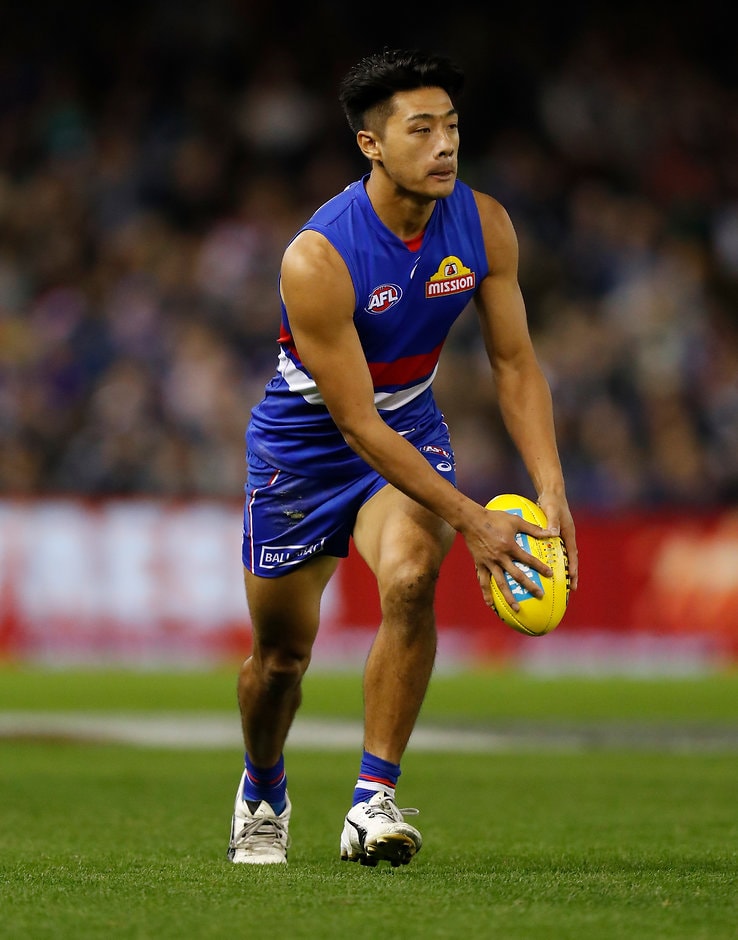 AFL 2018 Round 06 - Western Bulldogs v Carlton MELBOURNE, AUSTRALIA - APRIL 27: Lin Jong of the Bulldogs in action during the 2018 AFL round six match between the Western Bulldogs and the Carlton Blues at Etihad Stadium on April 27, 2018 in Melbourne, Australia. (Photo by Michael Willson/AFL Media)