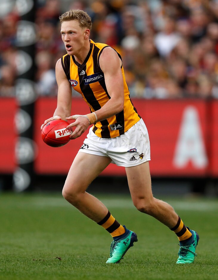 AFL 2018 Round 07 - Essendon v Hawthorn MELBOURNE, AUSTRALIA - MAY 5: James Sicily of the Hawks in action during the 2018 AFL round seven match between the Essendon Bombers and the Hawthorn Hawks at the Melbourne Cricket Ground on May 5, 2018 in Melbourne, Australia. (Photo by Michael Willson/AFL Media)