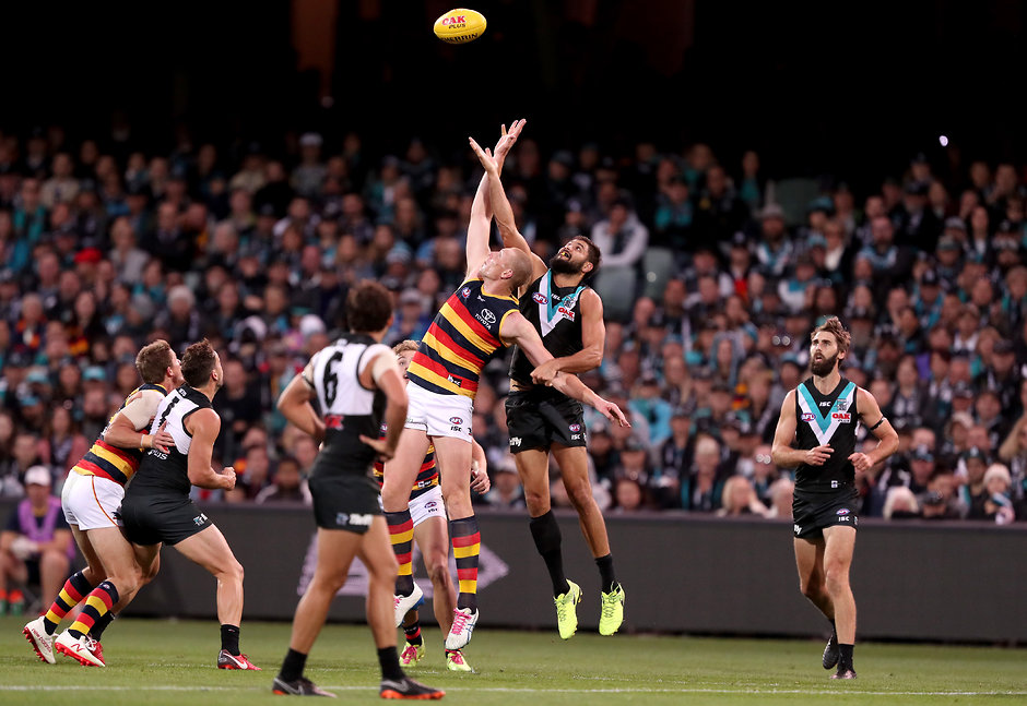 AFL 2018 Round 08 - Port Adelaide v Adelaide ADELAIDE, AUSTRALIA - MAY 12: Paddy Ryder of the Power clashes with Sam Jacobs of the Crows during the 2018 AFL round eight match between the Port Adelaide Power and the Adelaide Crows at Adelaide Oval on May 12, 2018 in Adelaide, Australia. (Photo by James Elsby/AFL Media)