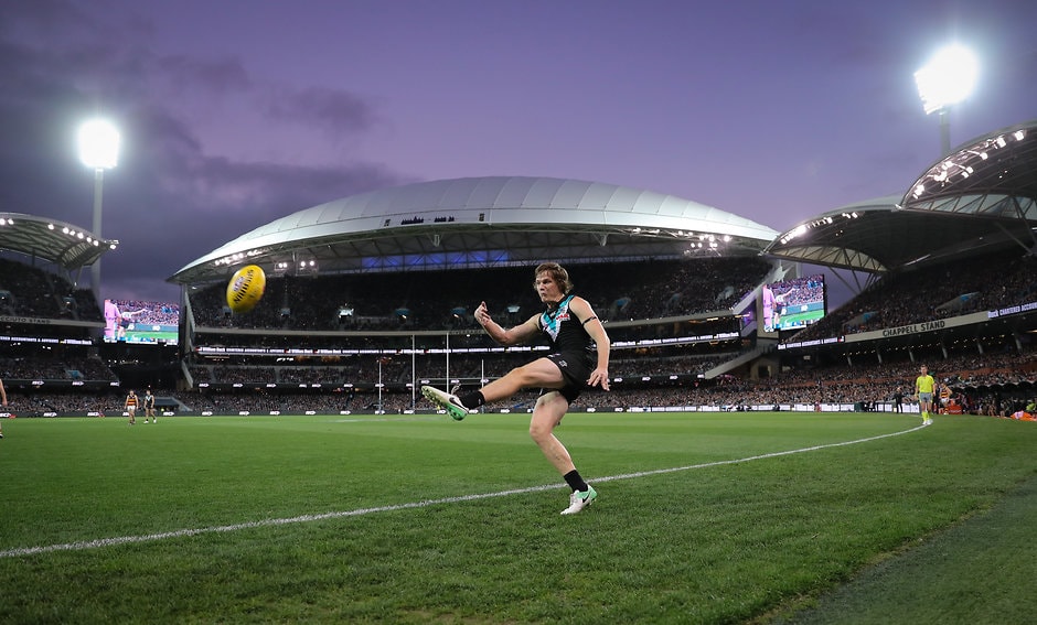 AFL 2018 Round 08 - Port Adelaide v Adelaide ADELAIDE, AUSTRALIA - MAY 12: Jared Polec of the Power kicks the ball during the 2018 AFL round eight match between the Port Adelaide Power and the Adelaide Crows at Adelaide Oval on May 12, 2018 in Adelaide, Australia. (Photo by Matt Turner/AFL Media)