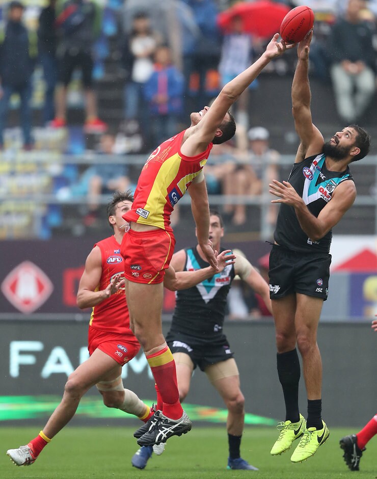 AFL 2018 Round 09 - Gold Coast v Port Adelaide SHANGHAI, CHINA - MAY 19: Jarrod Witts of the Suns rucks against Paddy Ryder of the Power during the 2018 AFL round nine match between the Gold Coast Suns and the Port Adelaide Power at Adelaide Arena at Jiangwan Sports Stadium on May 19, 2018 in Shanghai, China. (Photo by Sean Garnsworthy/AFL Media)