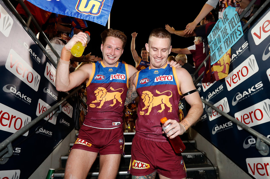 AFL 2018 Round 09 - Brisbane v Hawthorn Alex Witherden celebrates the Lions' first win of 2018 - AFL,Brisbane Lions,Rising Star,Alex Witherden
