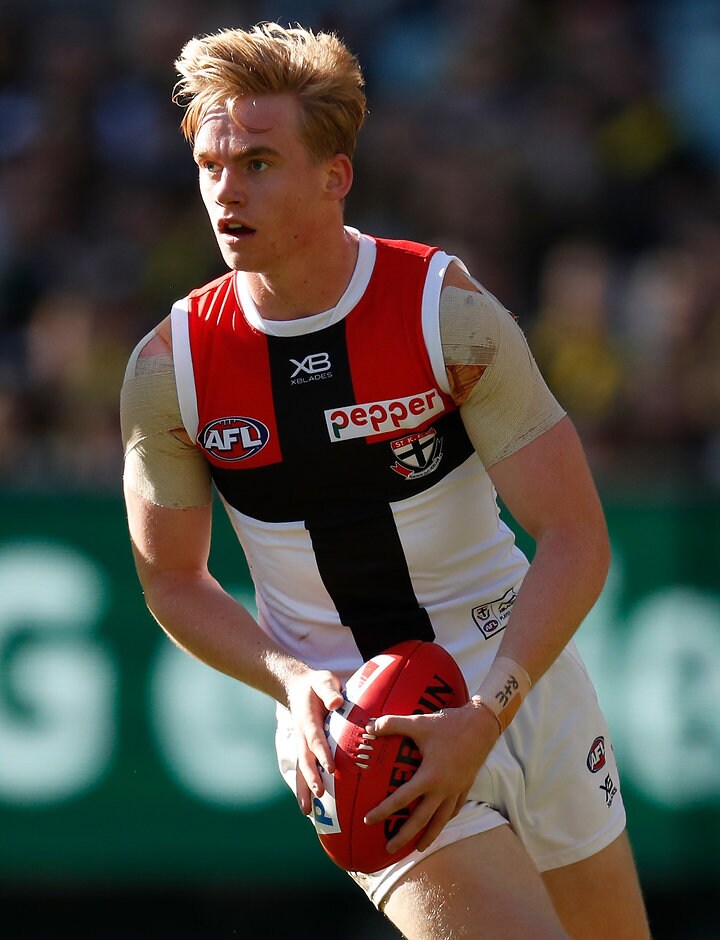 AFL 2018 Round 10 - Richmond v St Kilda MELBOURNE, AUSTRALIA - MAY 26: Ed Phillips of the Saints in action during the 2018 AFL round 10 match between the Richmond Tigers and the St Kilda Saints at the Melbourne Cricket Ground on May 26, 2018 in Melbourne, Australia. (Photo by Michael Willson/AFL Media)