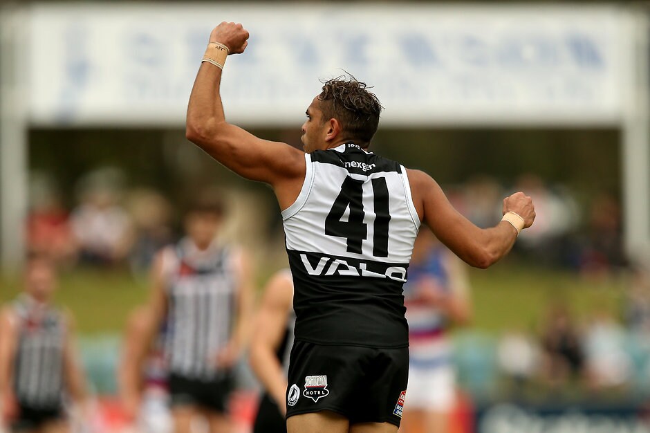 SANFL 2018 Round 10 - Bulldogs v Port Adelaide ADELAIDE, AUSTRALIA - June 09: Dominic Barry of the Magpies celebrates a goal during the 2018 SANFL round 10 match between the Central District Bulldogs and the Port Adelaide Magpies at My Money House Oval on June 09, 2018 in Adelaide, Australia. (Photo by James Elsby/AFL Media)
