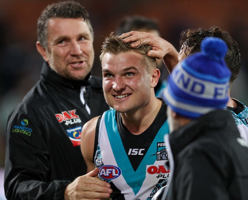AFL 2018 Round 12 - Port Adelaide v Richmond ADELAIDE, AUSTRALIA - JUNE 08: Brendon Lade, Forwards and Rucks Coach of the Power with Ollie Wines after victory during the 2018 AFL round 12 match between the Port Adelaide Power and the Richmond Tigers at Adelaide Oval on June 08, 2018 in Adelaide, Australia. (Photo by AFL Media)