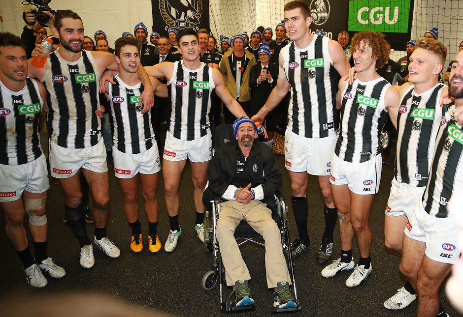 AFL 2018 Round 12 - Melbourne v Collingwood Murray Swinton and the Collingwood team celebrate the Pies' big win over Queen's Birthday win over Melbourne in 2018 - Collingwood Magpies