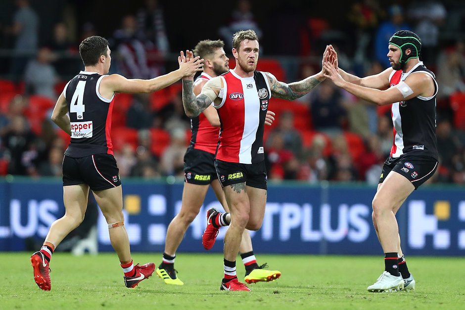 AFL 2018 Round 13 - Gold Coast v St Kilda GOLD COAST, AUSTRALIA - JUNE 16: Tim Membrey of the Saints celebrates a goal during the round 13 AFL match between the Gold Coast Suns and the St Kilda Saints at Metricon Stadium on June 16, 2018 in Gold Coast, Australia. (Photo by Chris Hyde/Getty Images/AFL Media)