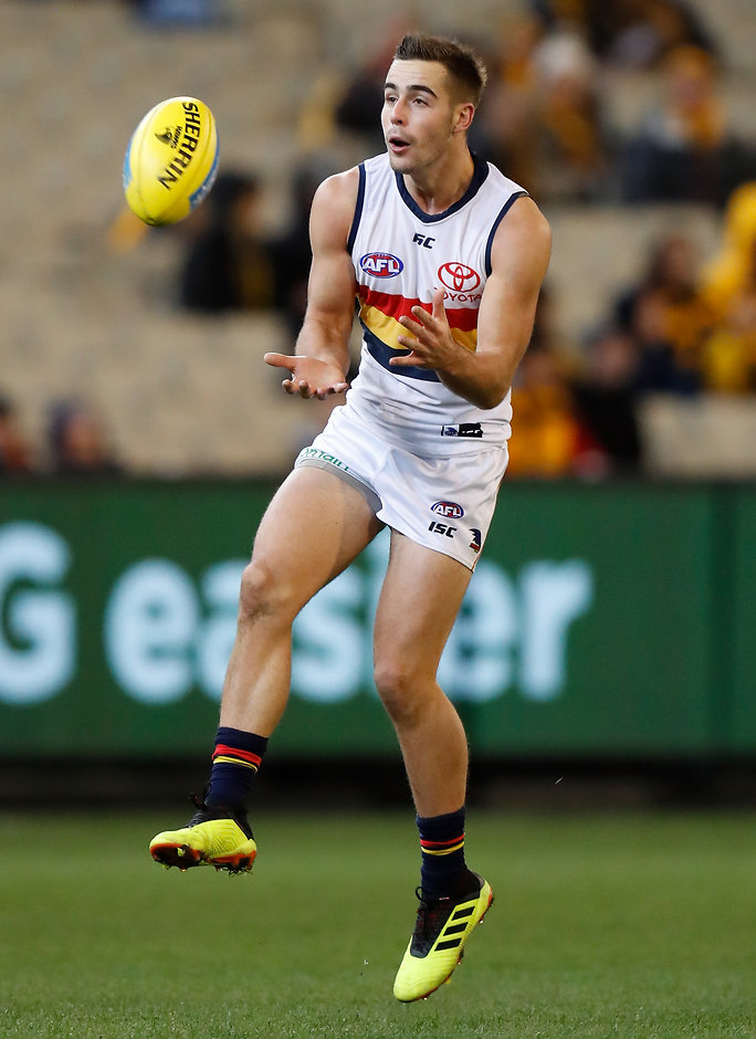 AFL 2018 Round 13 - Hawthorn v Adelaide MELBOURNE, AUSTRALIA - JUNE 16: Myles Poholke of the Crows marks the ball during the 2018 AFL round 13 match between the Hawthorn Hawks and the Adelaide Crows at the Melbourne Cricket Ground on June 16, 2018 in Melbourne, Australia. (Photo by Michael Willson/AFL Media)