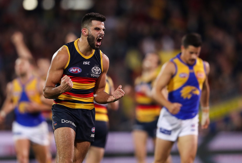 AFL 2018 Round 15 - Adelaide v West Coast ADELAIDE, AUSTRALIA - JUNE 30: Wayne Milera of the Crows reacts to the finals siren and victory during the 2018 AFL round15 match between the Adelaide Crows and the West Coast Eagles at the Adelaide Oval on June 30, 2018 in Adelaide, Australia. (Photo by AFL Media)