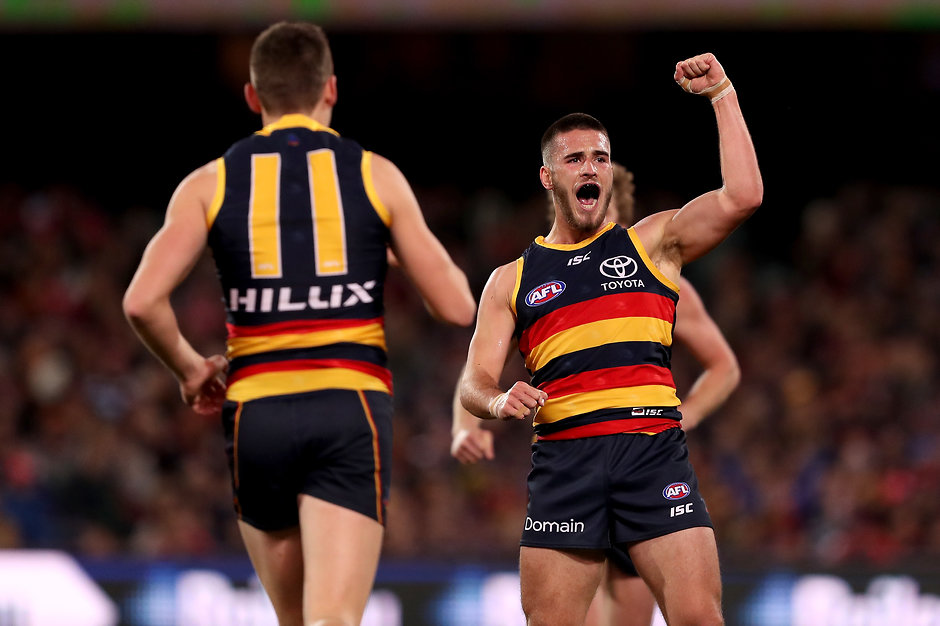 AFL 2018 Round 17 - Adelaide v Geelong ADELAIDE, AUSTRALIA - JULY 12: Lachlan Murphy of the Crows celebrates a goal during the 2018 AFL round 17 match between the Adelaide Crows and the Geelong Cats at Adelaide Oval on July 12, 2018 in Adelaide, Australia. (Photo by James Elsby/AFL Media)