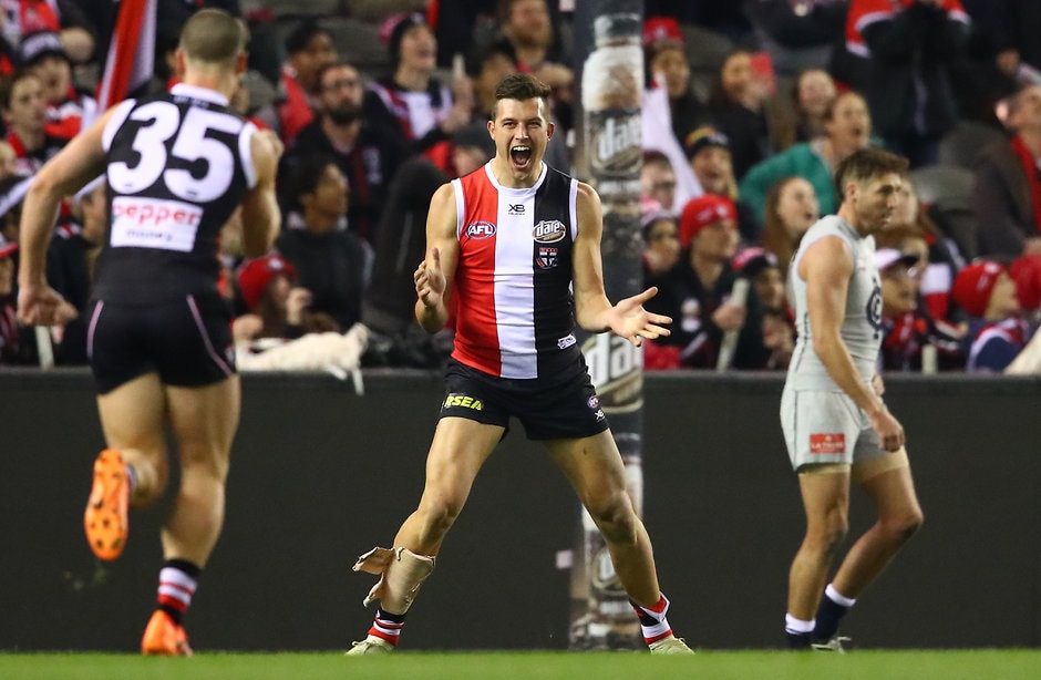 AFL 2018 Round 17 - St Kilda v Carlton MELBOURNE, AUSTRALIA - JULY 13: Rowan Marshall of the Saints celebrates after kicking a goal during the 2018 AFL round 17 match between the St Kilda Saints and the Carlton Blues at Etihad Stadium on July 13, 2018 in Melbourne, Australia. (Photo by Scott Barbour/AFL Media)