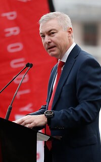 AFL 2018 Media - Bob Skilton Sculpture Unveiling MELBOURNE, AUSTRALIA - JULY 26: Swans Chairman Andrew Pridham addresses the gathering during the unveiling of the Bob Skilton at Lakeside Stadium on July 26, 2018 in Melbourne, Australia. (Photo by Michael Willson/AFL Media)