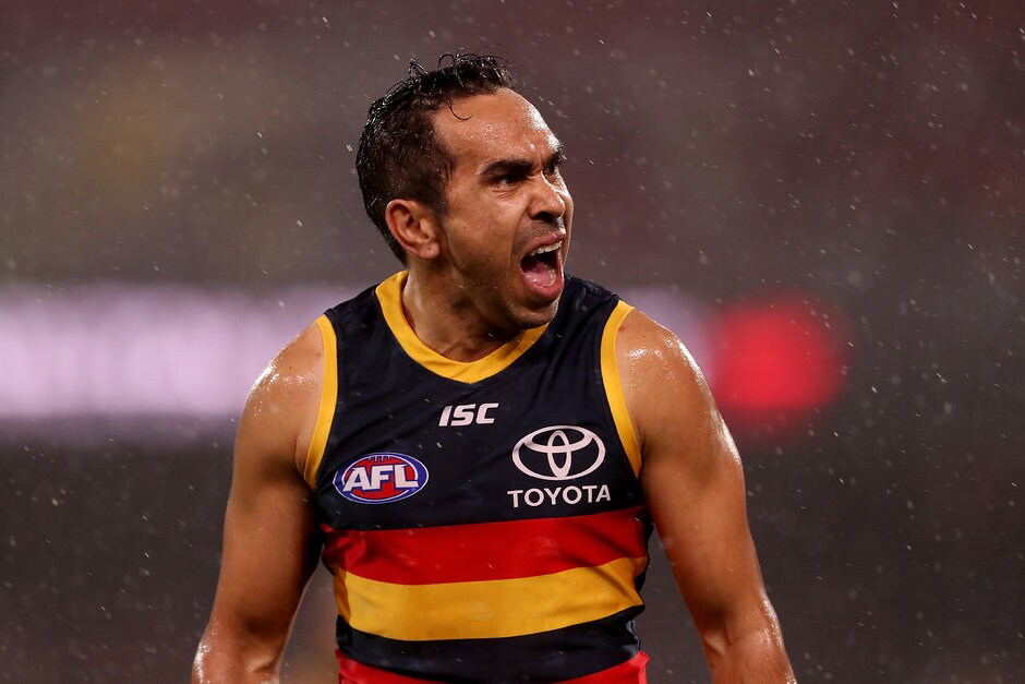 AFL 2018 Round 19 - Adelaide v Melbourne ADELAIDE, AUSTRALIA - JULY 28: Eddie Betts of the Crows celebrates a goal during the 2018 AFL round 19 match between the Adelaide Crows and the Melbourne Demons at Adelaide Oval on July 28, 2018 in Adelaide, Australia. (Photo by James Elsby/AFL Media)